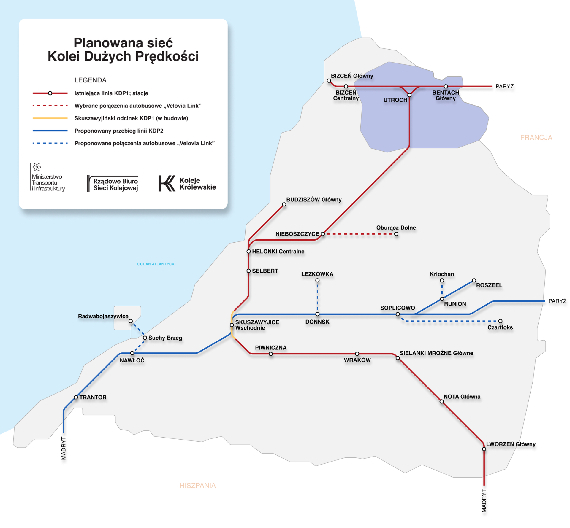 Mapa korytarza KDP2 — przebieg linii w Minodole z lokalizacją stacji i połączeń Velovia Link